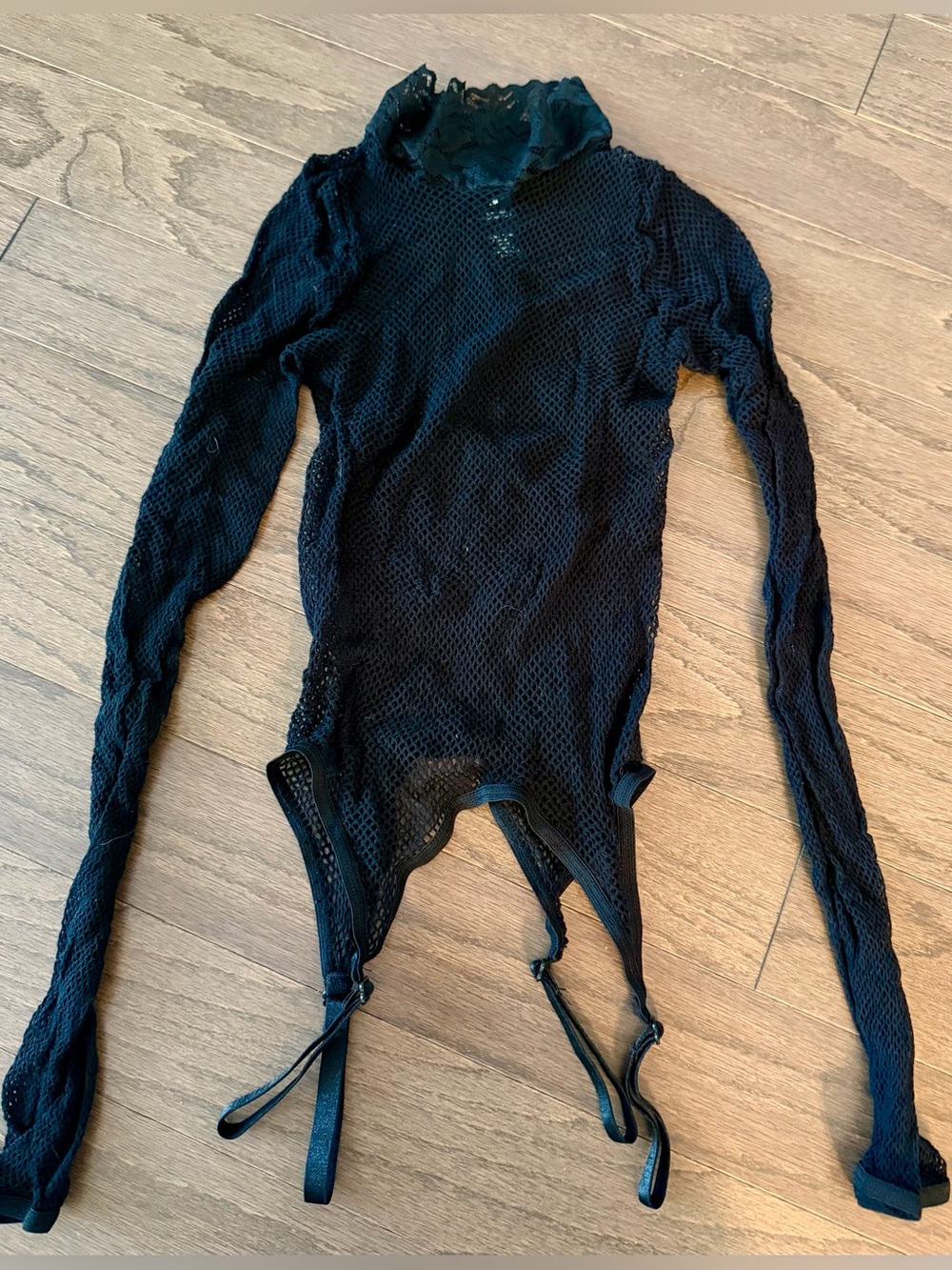 Rene Rofe Black Fishnet Long Sleeve Garter Bodysuit W/Matching Thigh Highs XS/S
